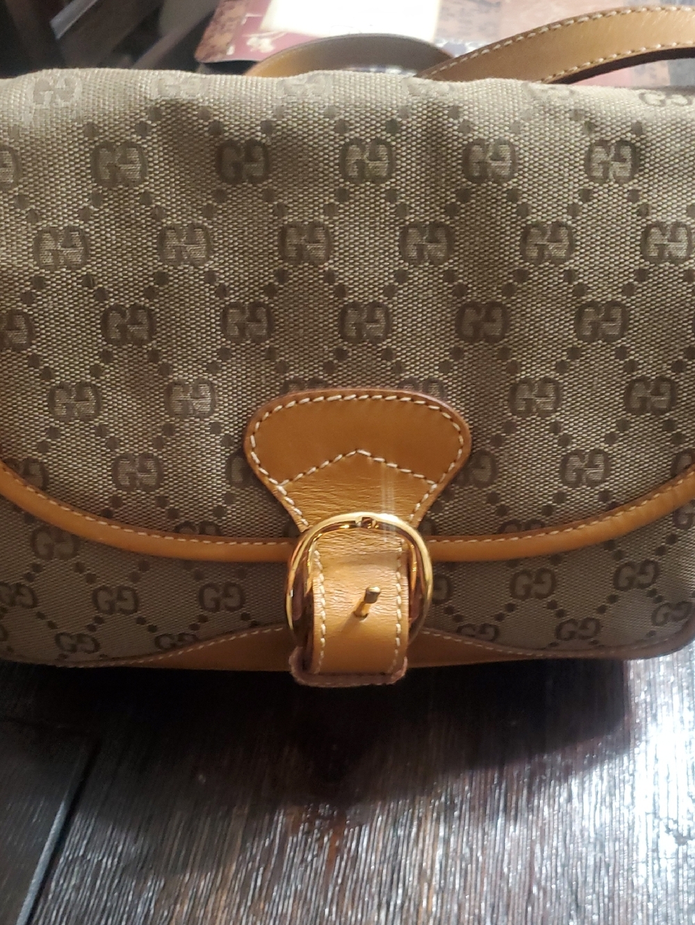 Gucci Brown and Tan GG Monogram Buckle Shoulder Crossbody